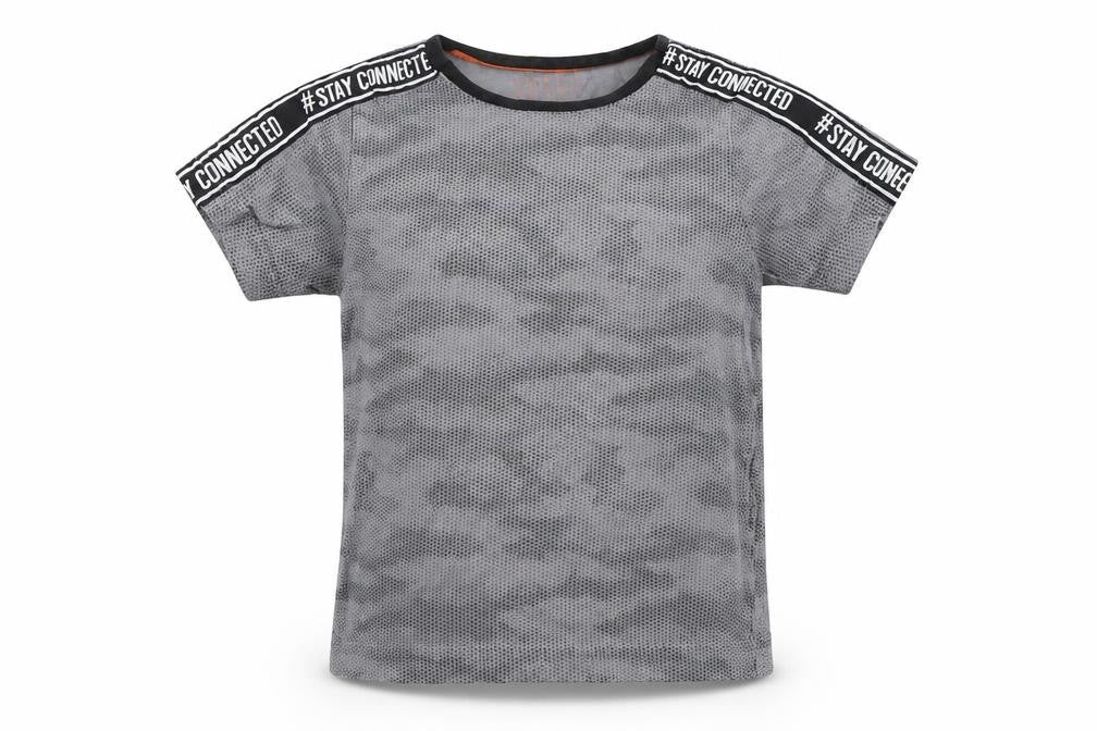 Front view of Matalan boys’ grey camouflage basic t-shirt, size 7, years