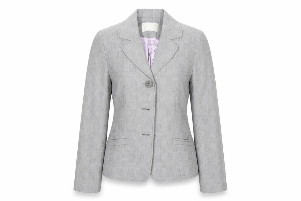 Front view of Ronit Zilkha women’s grey check jacket suit, size UK 8