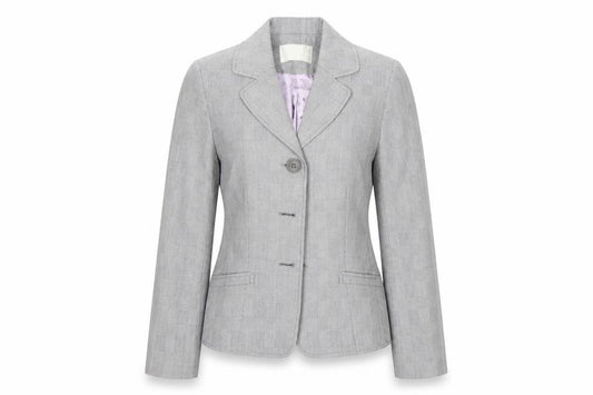 Front view of Ronit Zilkha women’s grey check jacket suit, size UK 8