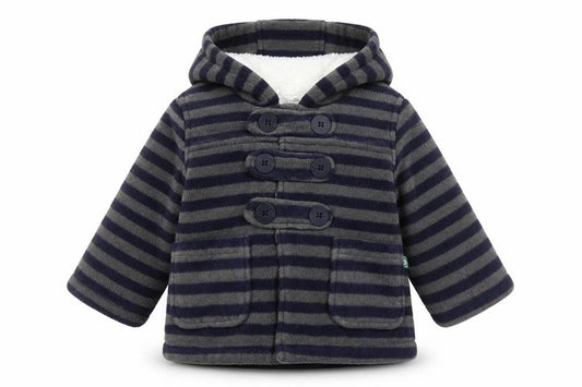 Front view of Debenhams boys’ blue striped pea coat coatigan, size 6-9, months