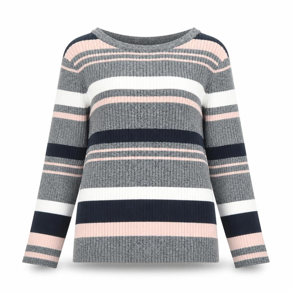Front view of H&M women’s pink striped jumper, size L