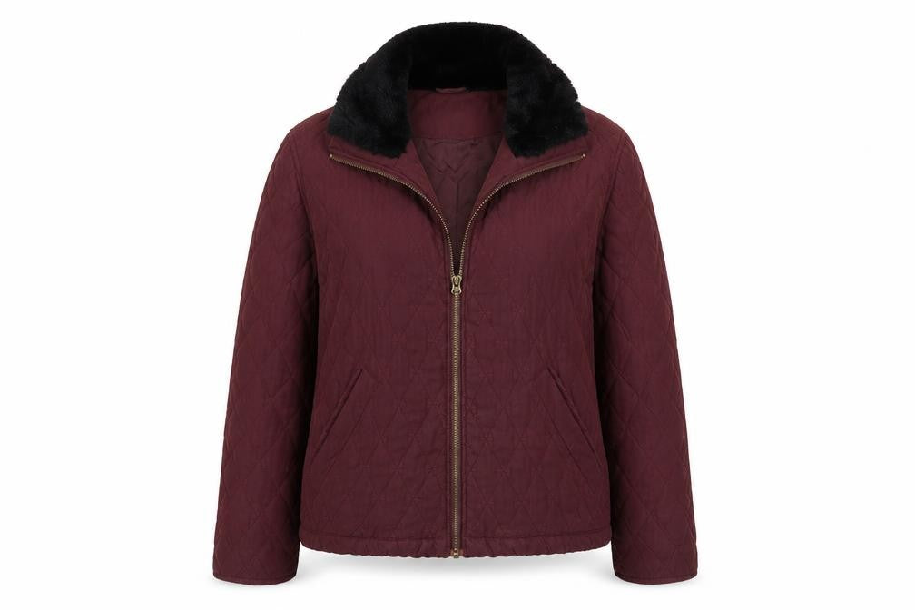 Front view of Emos women’s purple quilted coat, size M