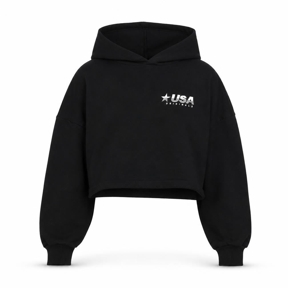 Front view of H&M women’s black pullover hoodie, size S