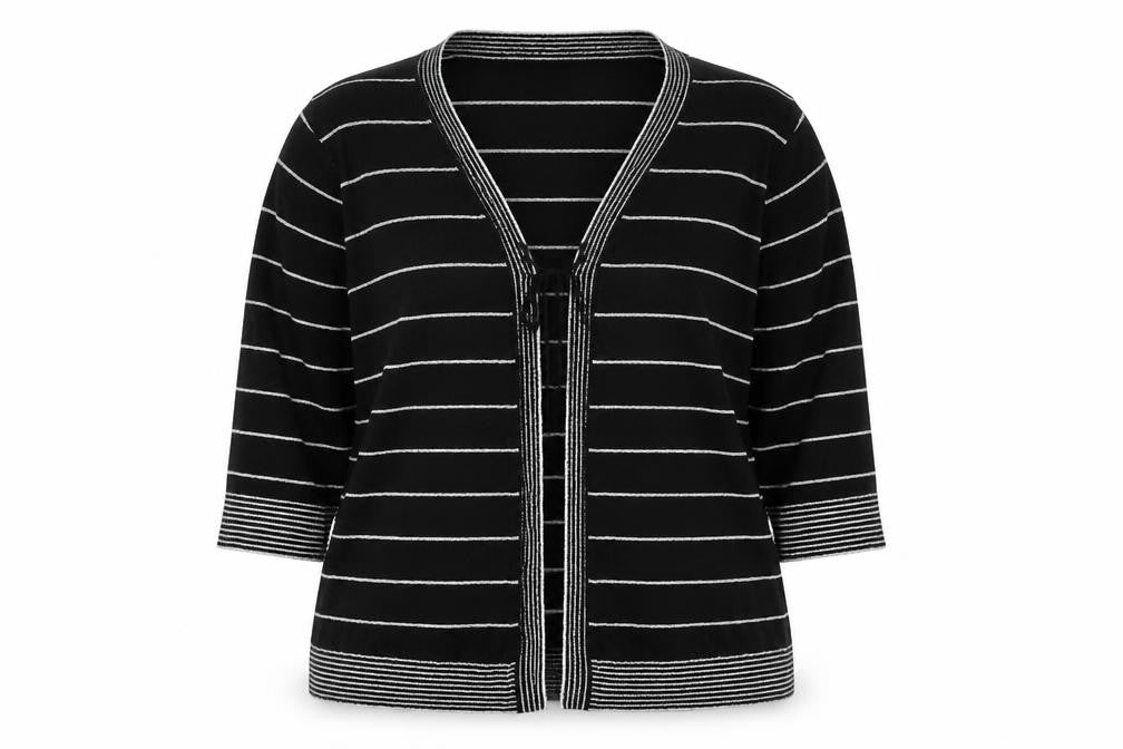 Front view of M&Co women’s black striped jumper, size UK 18