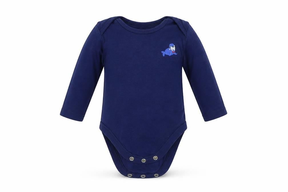 Front view of Tu boys’ blue babygrow one-piece, size 0-3, months