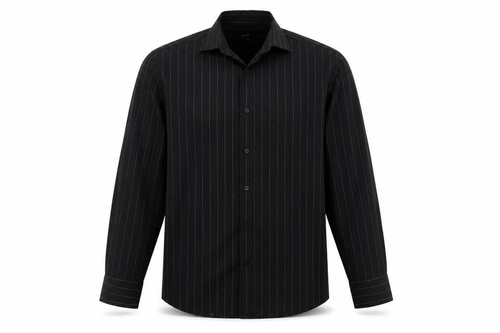 Front view of Cedarwood State men’s black striped button-up, size 15