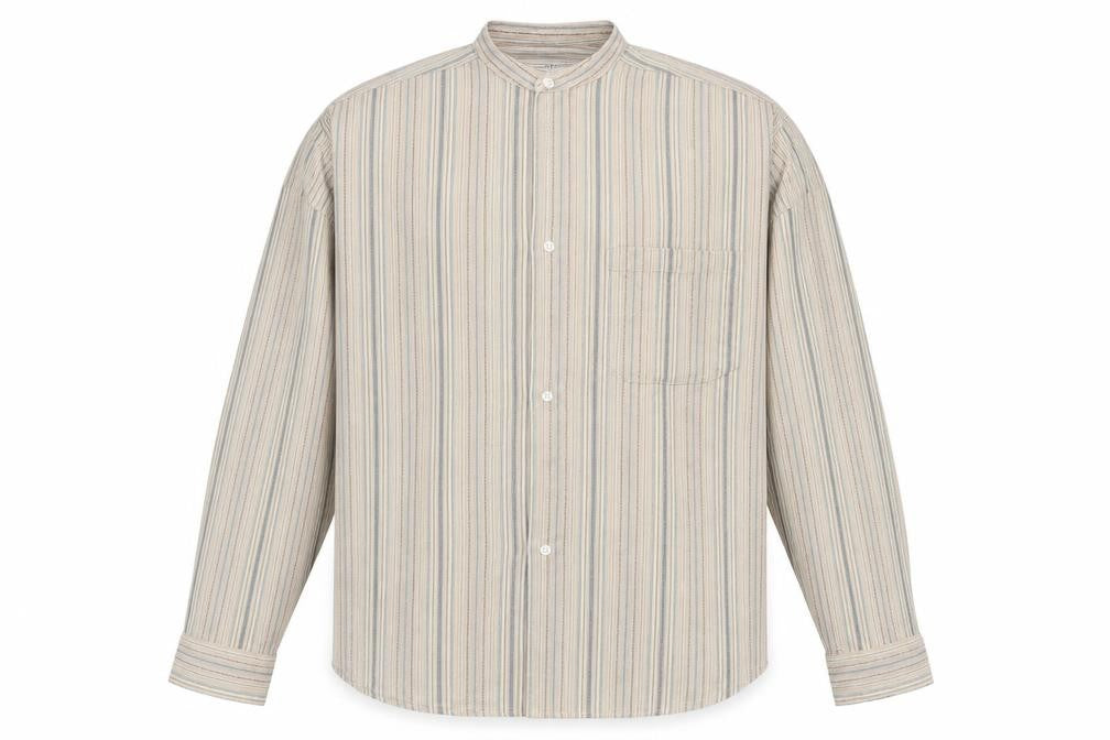 Front view of MC Casuals men’s beige check button-up, size M