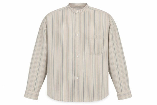 Front view of MC Casuals men’s beige check button-up, size M