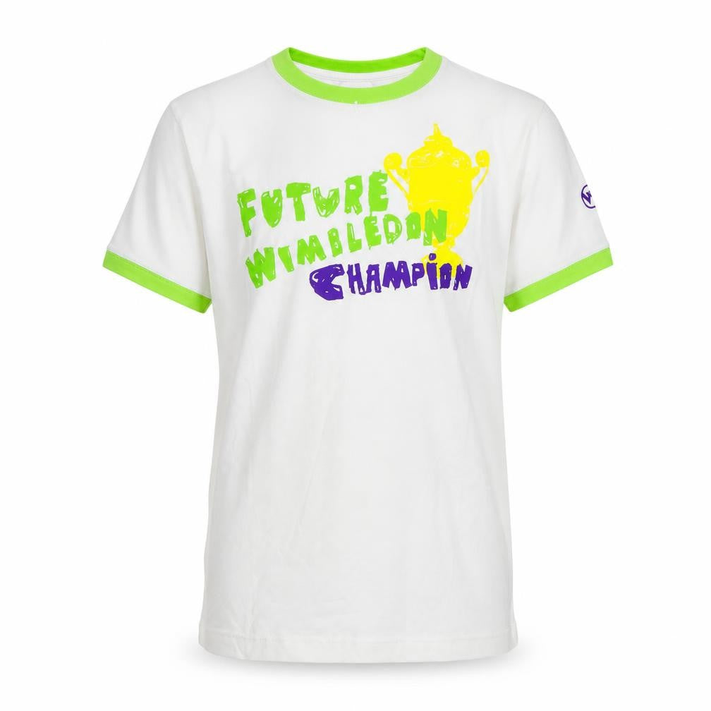Front view of Wimbeldon girls’ white geometric basic t-shirt, size 12-13, years