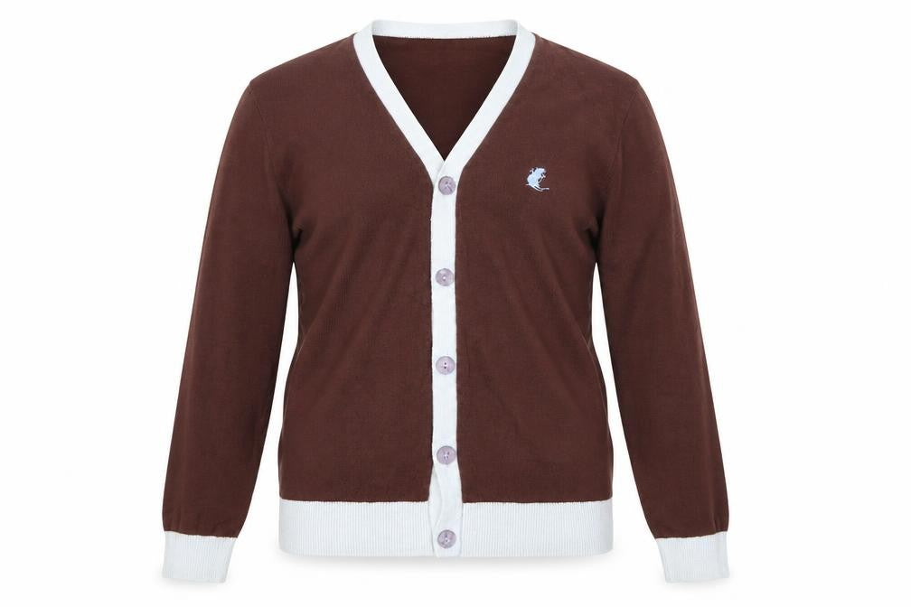 Front view of vacant women’s brown cardigan jumper, size M