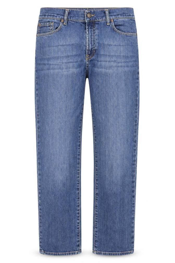 Front view of royal white sand women’s blue straight jeans, size UK 33, 33-inch leg