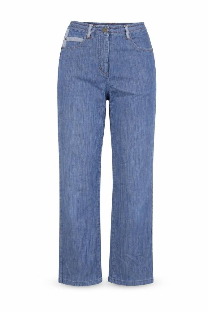 Front view of pause cafe women’s blue denim straight jeans, size UK 10, 24-inch leg
