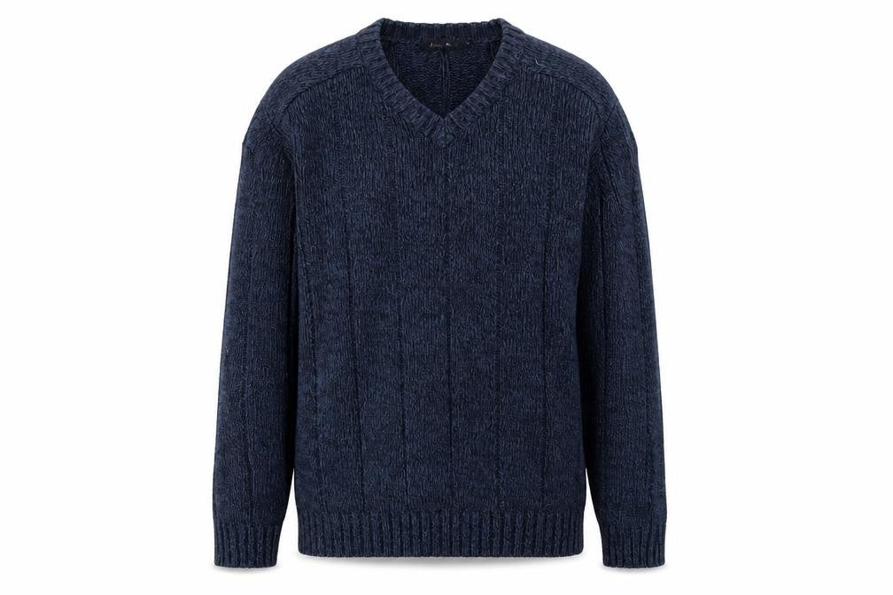 Front view of EWM men’s blue knit pullover sweatshirt, size M