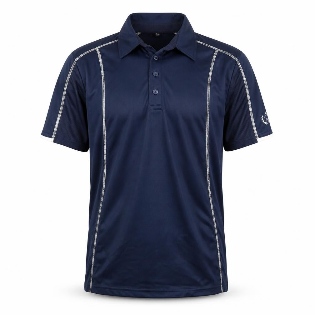 Front view of Preworn men’s blue polo, size M