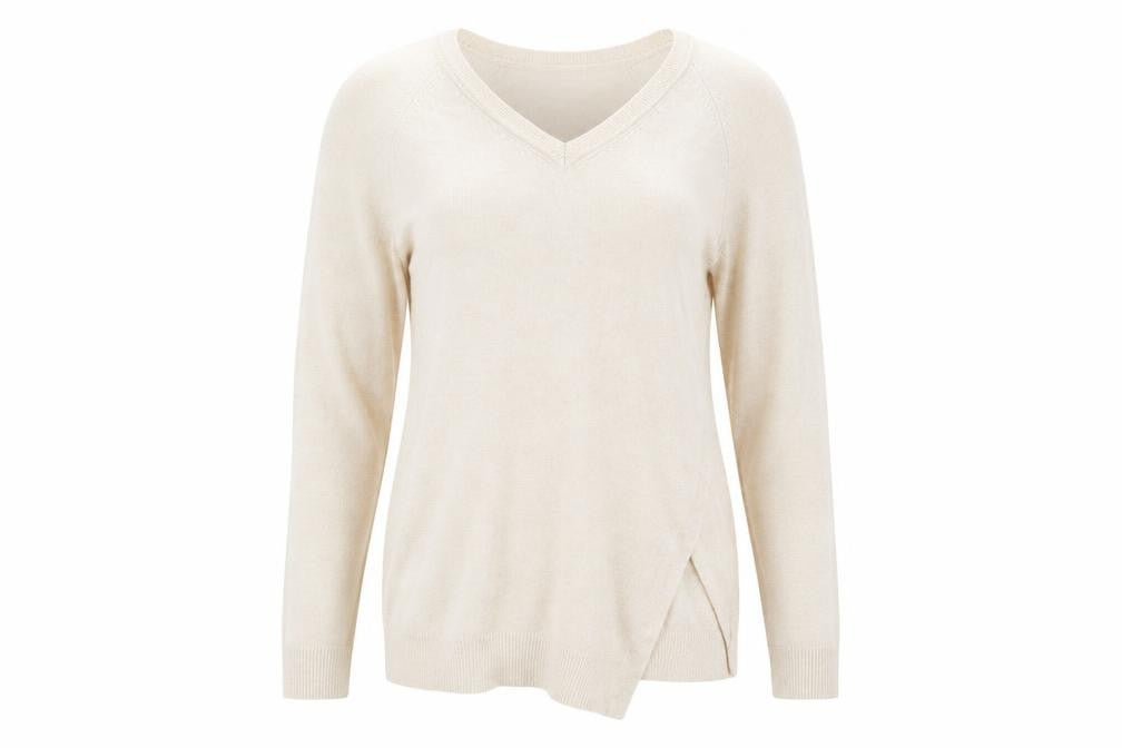 Front view of Marks & Spencer women’s beige jumper, size UK 14