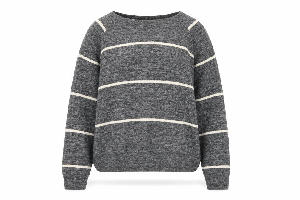 Front view of H&M women’s grey striped jumper, size S