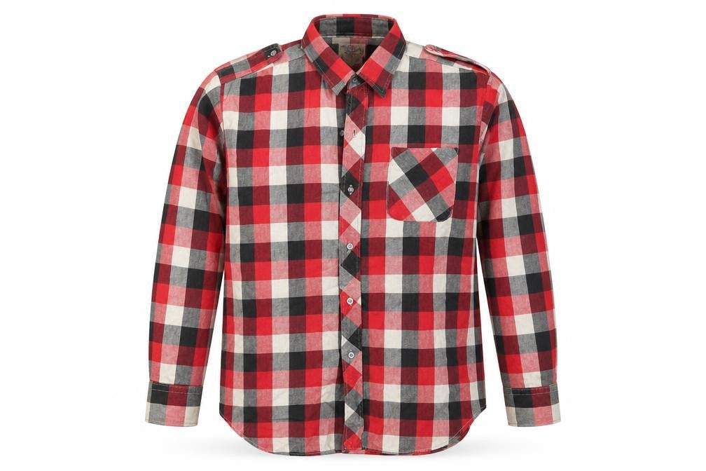 Front view of Friendship men’s red check button-up, size XL