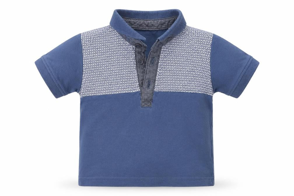 Front view of Matalan boys’ blue geometric basic polo, size 6-9, months