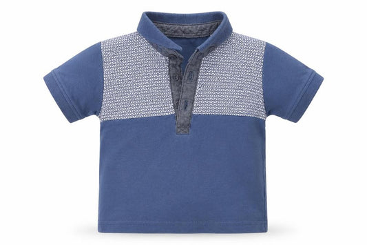 Front view of Matalan boys’ blue geometric basic polo, size 6-9, months