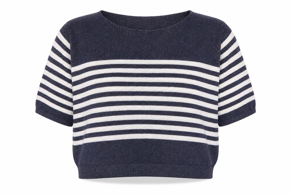 Front view of Preworn women’s blue striped knit jumper, size S