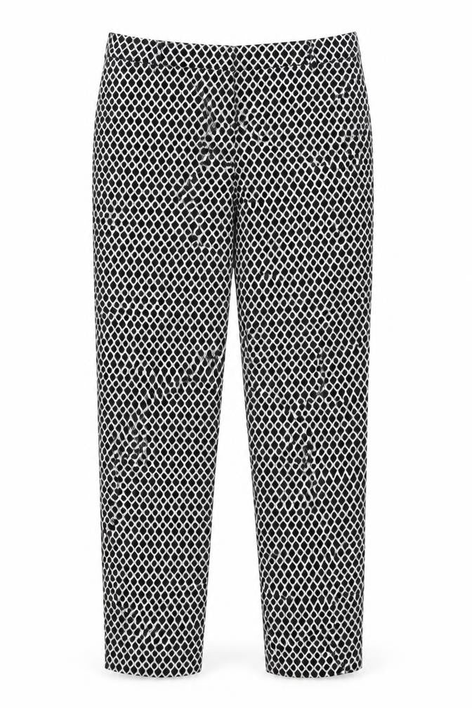 Front view of H&M women’s black geometric trousers, size UK 10, 27-inch leg