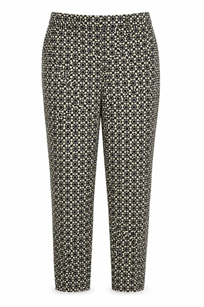 Front view of H&M women’s beige geometric trousers, size UK 12, 25-inch leg