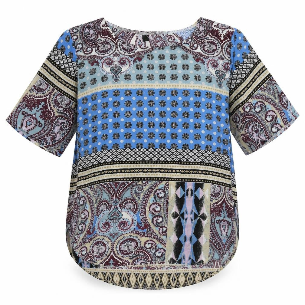 Front view of Missguided women’s blue paisley basic blouse, size UK 8