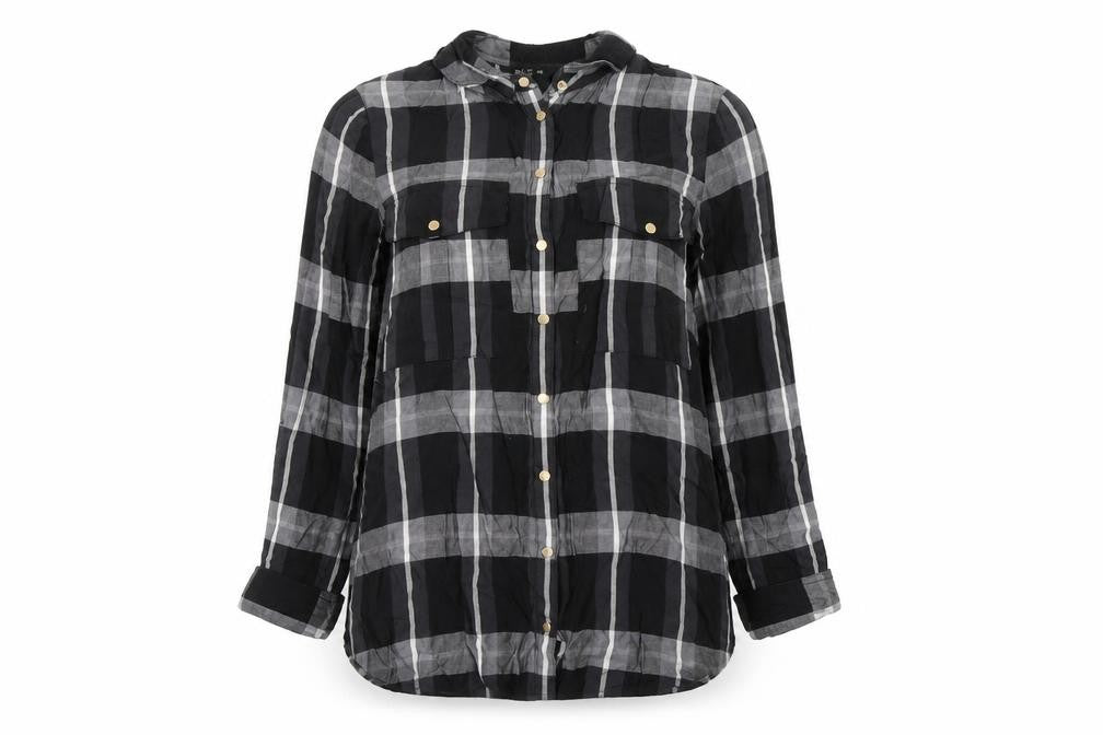 Front view of River Island women’s black check basic blouse, size UK 6