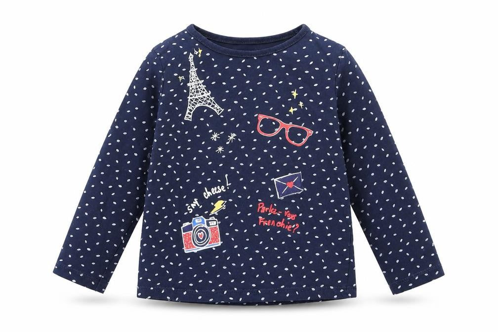 Front view of INDEXTENSO girls’ blue spotted basic t-shirt, size 4, years