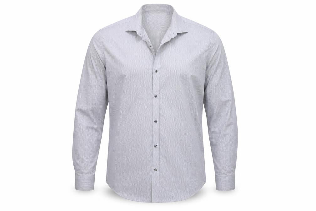 Front view of Taylor & Wright men’s grey button-up, size 16.5