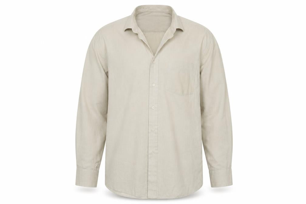 Front view of Cedarwood State men’s beige button-up, size 16.5