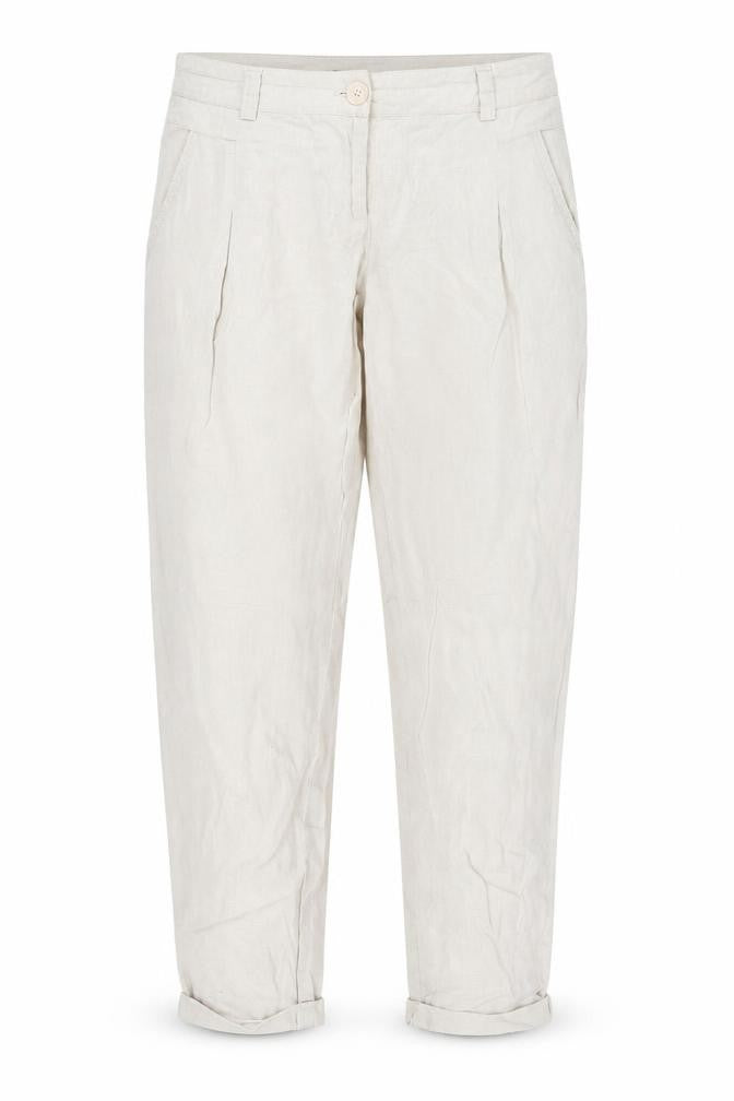 Front view of Warehouse women’s beige trousers, size UK 10, 28-inch leg