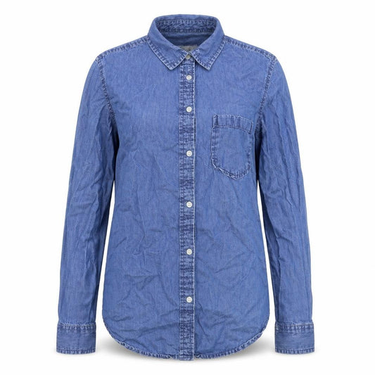 Front view of Denim & Co. women’s blue denim basic button-up, size UK 8