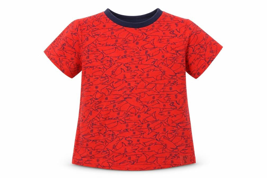 Front view of Nutmeg Baby Red Basic T-Shirt, size 12-18, Months - Sharks