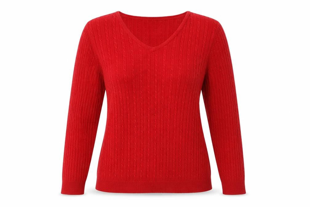 Front view of Love Knitwear women’s red jumper, size UK 16