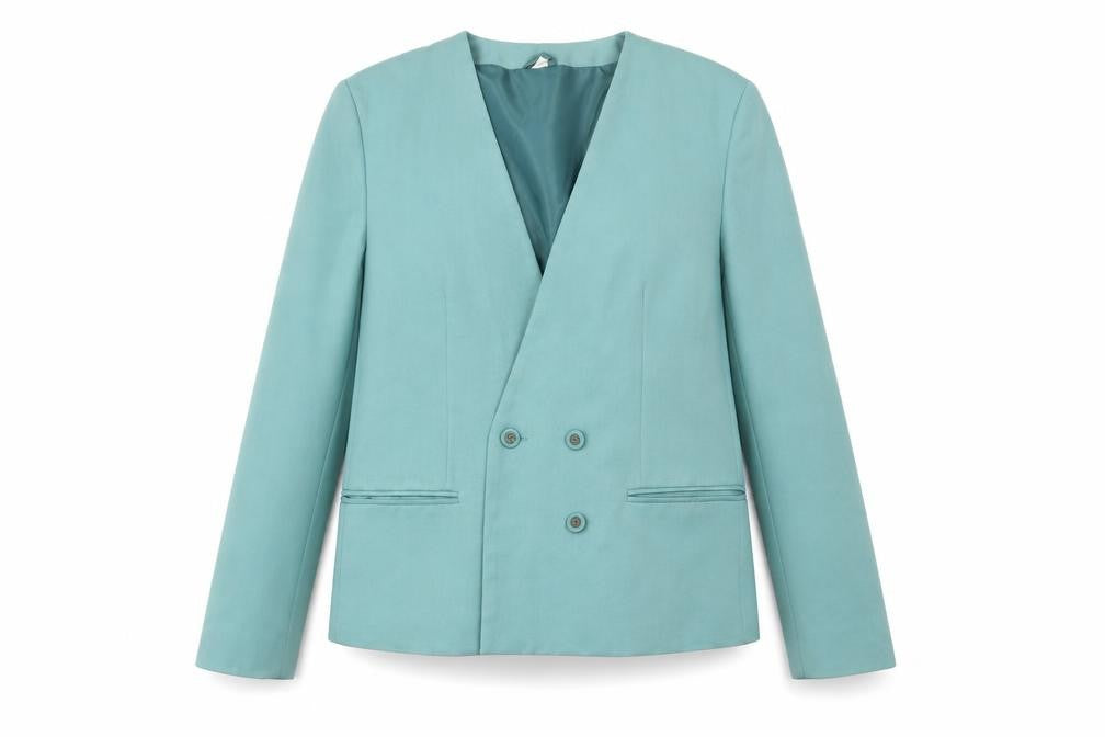 Front view of Preworn women’s blue jacket blazer, size UK 14