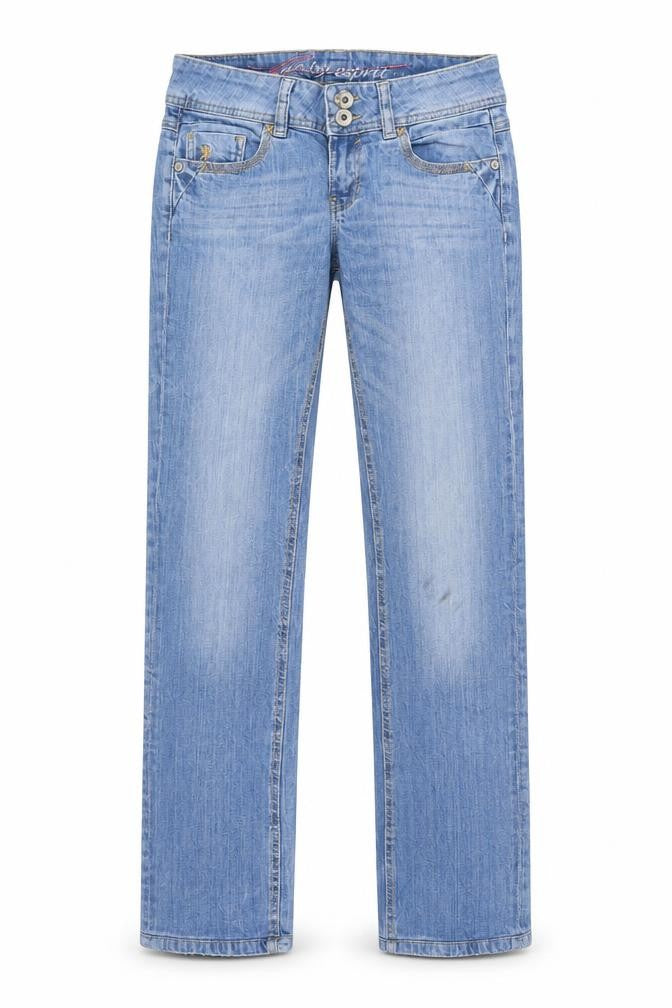 Front view of FIVE women’s blue straight jeans, size UK 34, 31-inch leg