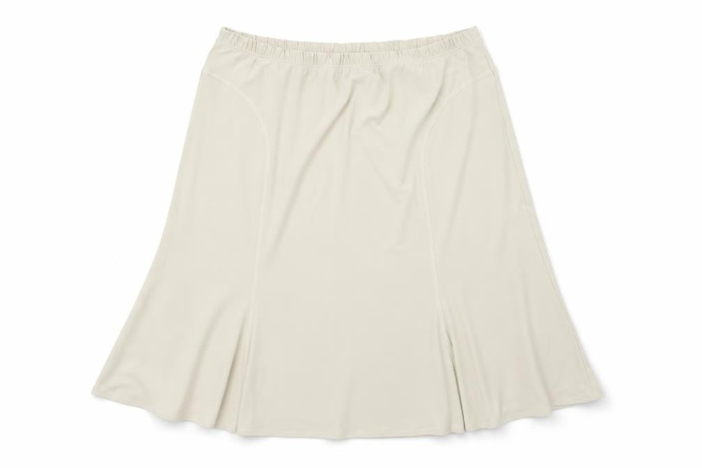 Front view of baguar women’s beige flare skirt, size S