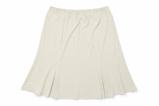 Front view of baguar women’s beige flare skirt, size S