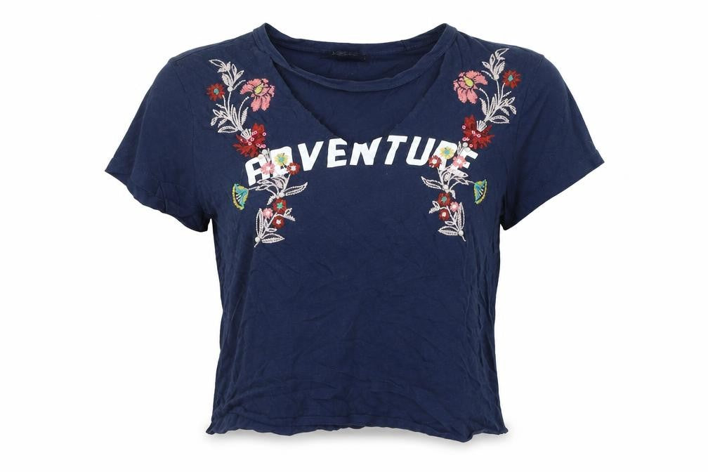 Front view of Colin's women’s blue basic t-shirt, size S