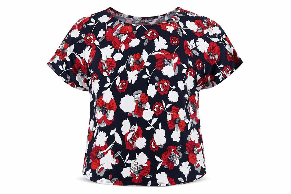 Front view of The Collection by Debenhams women’s blue floral basic t-shirt, size UK 10