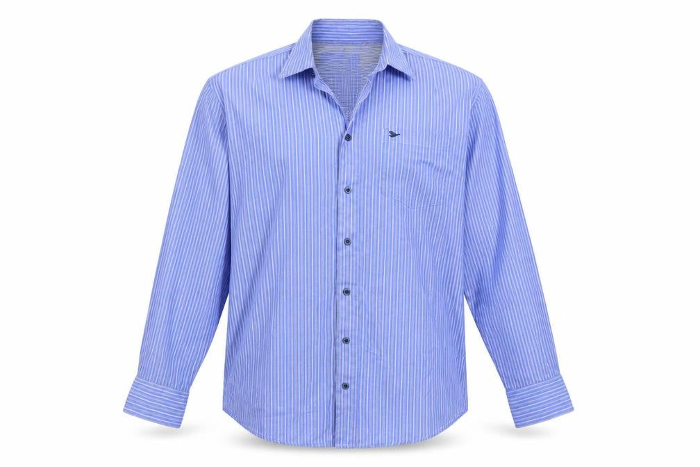 Front view of Black Label men’s blue striped button-up, size M