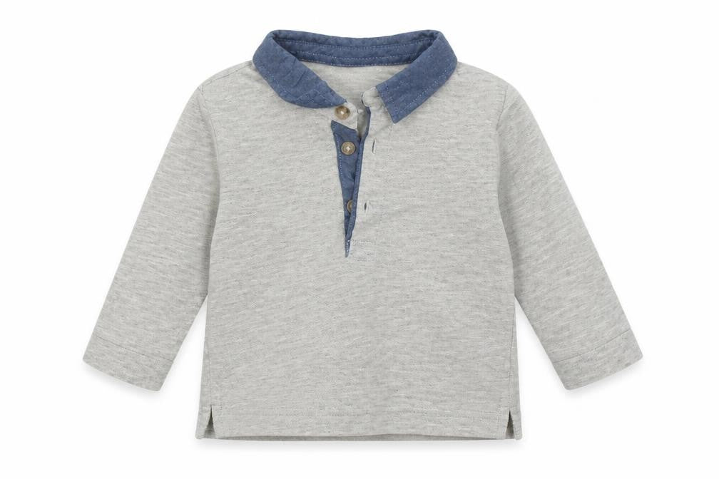 Front view of matalan boys’ grey basic polo, size 6-9, months