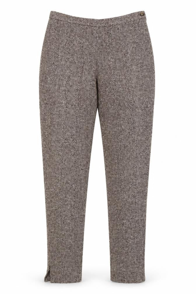 Front view of Javier Larrainzar women’s brown argyle/diamond trousers, size UK 10, 29-inch leg