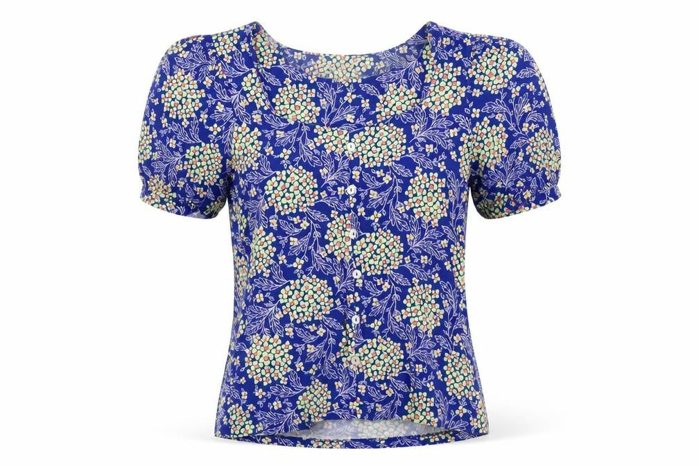 Front view of Next women’s blue floral basic blouse, size UK 8