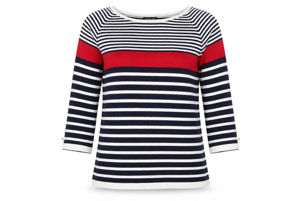 Front view of CASAMA women’s multicoloured striped jumper, size L