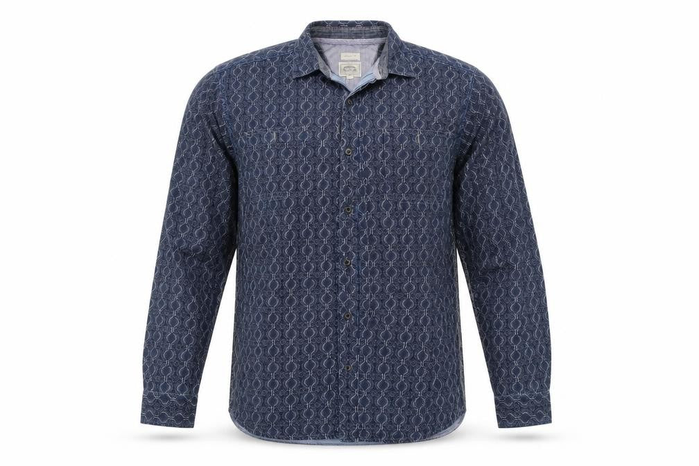 Front view of Preworn men’s blue argyle/diamond button-up, size L