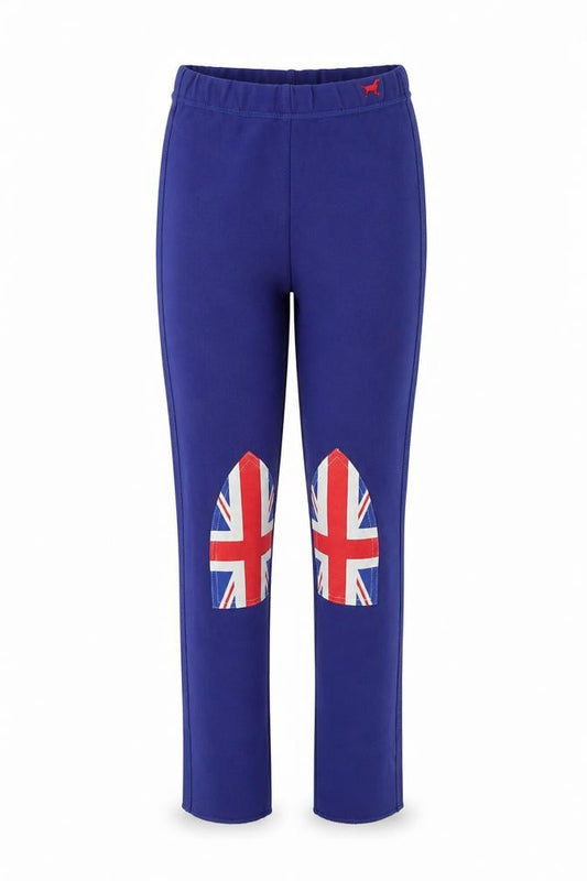 Front view of Knotty dog girls’ blue sweatpants, size M
