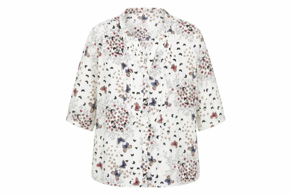 Front view of Being Casual women’s white floral basic button-up, size UK 16