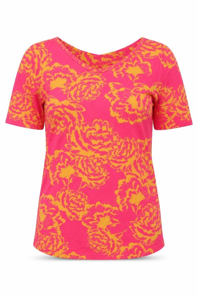 Front view of Next women’s pink floral basic t-shirt, size UK 6